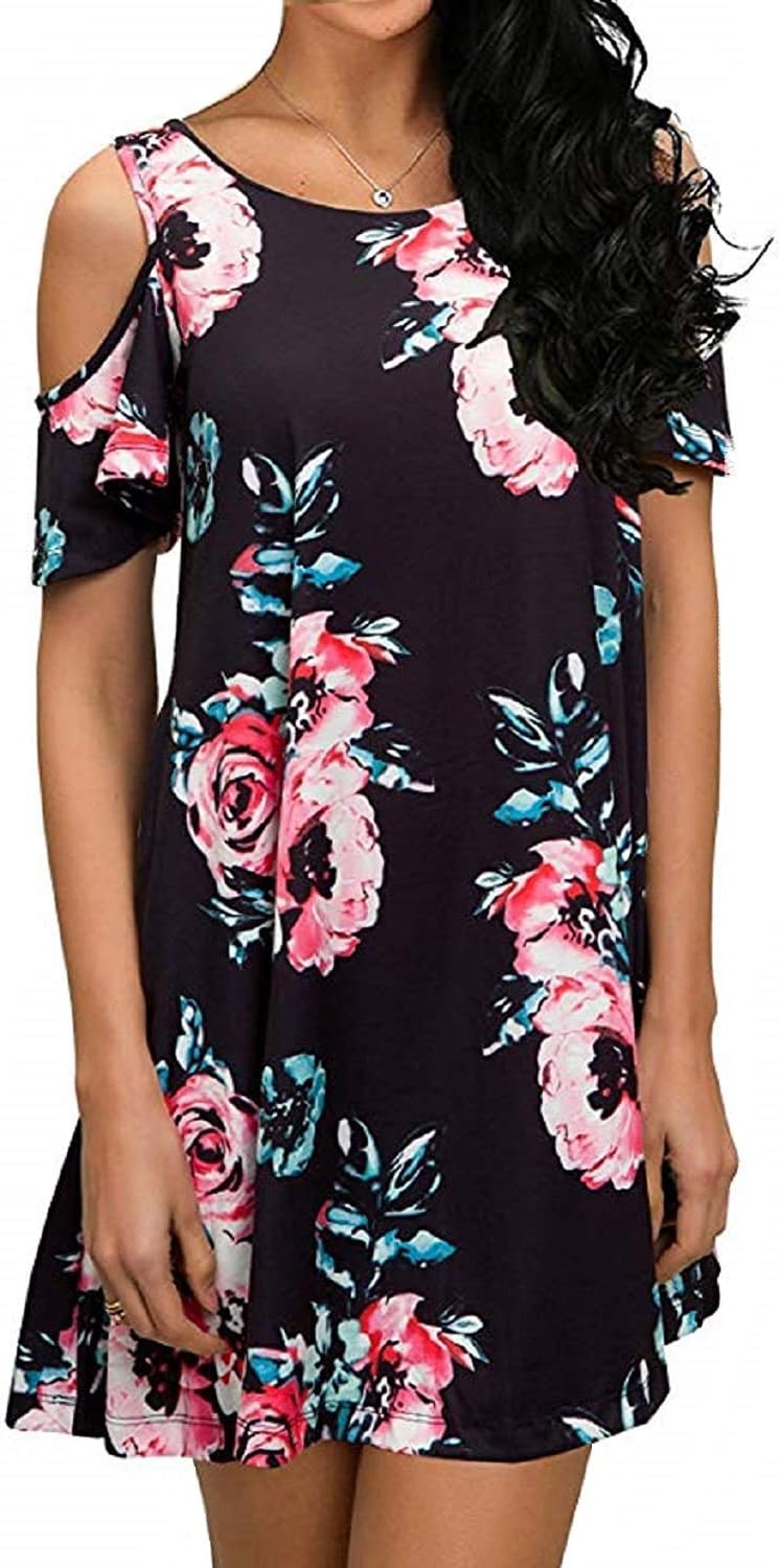 Women's Cold Shoulder Tunic Top T-Shirt Casual Swing Dress with Pockets