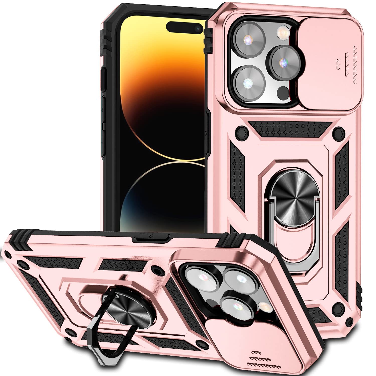 Hitaoyou Compatible with iPhone 14 Pro Max Case 6.7", iPhone 14 Pro Max Magnetic Case with Camera Cover & Kickstand Military Grade Shockproof Cover Rose Gold