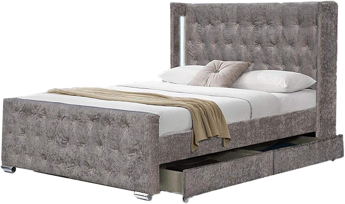 New Contemporary Upholstered Fabric Velvet LED 4 Drawer Wing back Storage Bed 4ft6 Double and 5ft King By Limitless Home