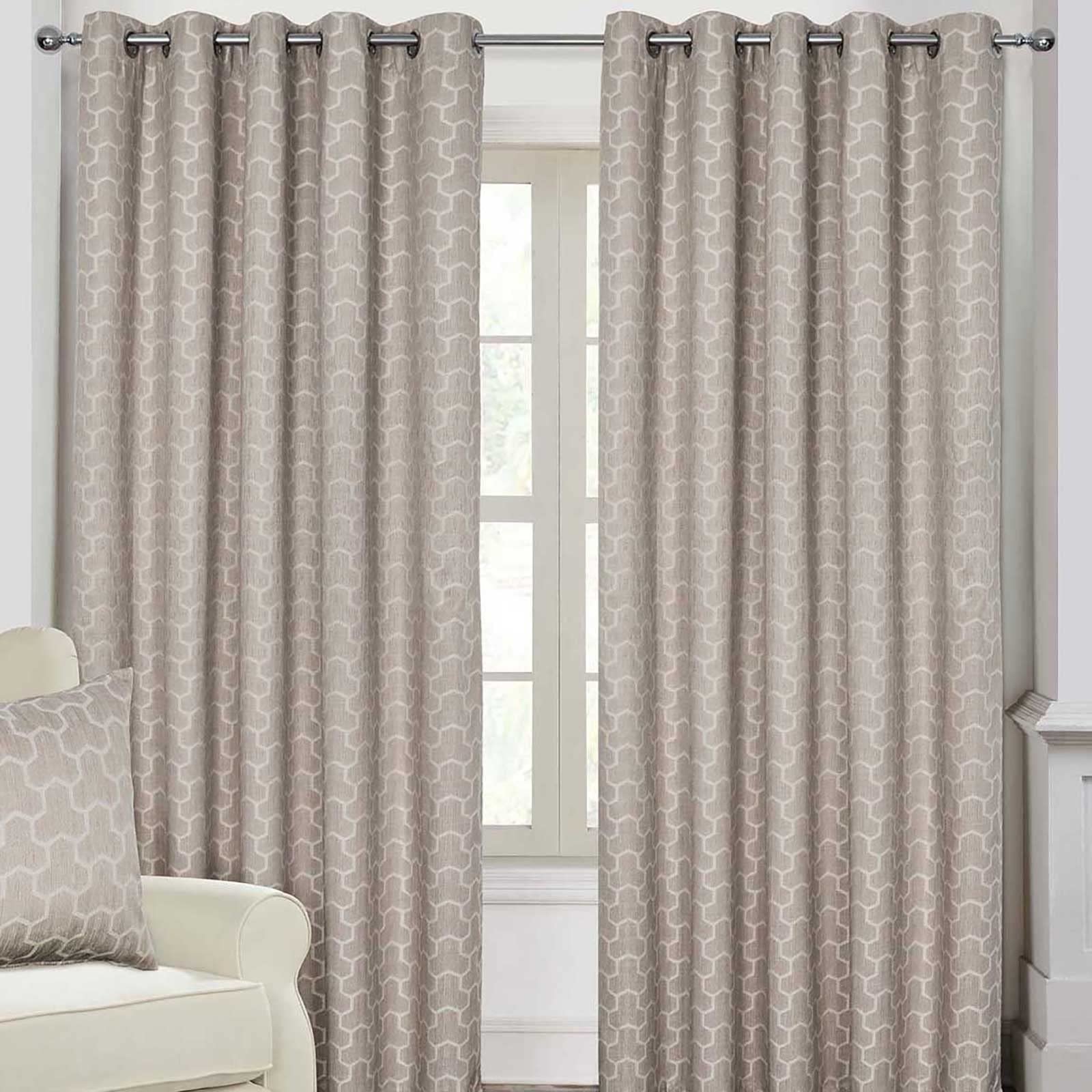 HOMESCAPES Natural Geometric Blackout Curtains Pair Width 117cm (46") x 137cm (54") Drop Genuine 3 Pass Blackout Lining Heavy Weight Jacquard Eyelet Curtain