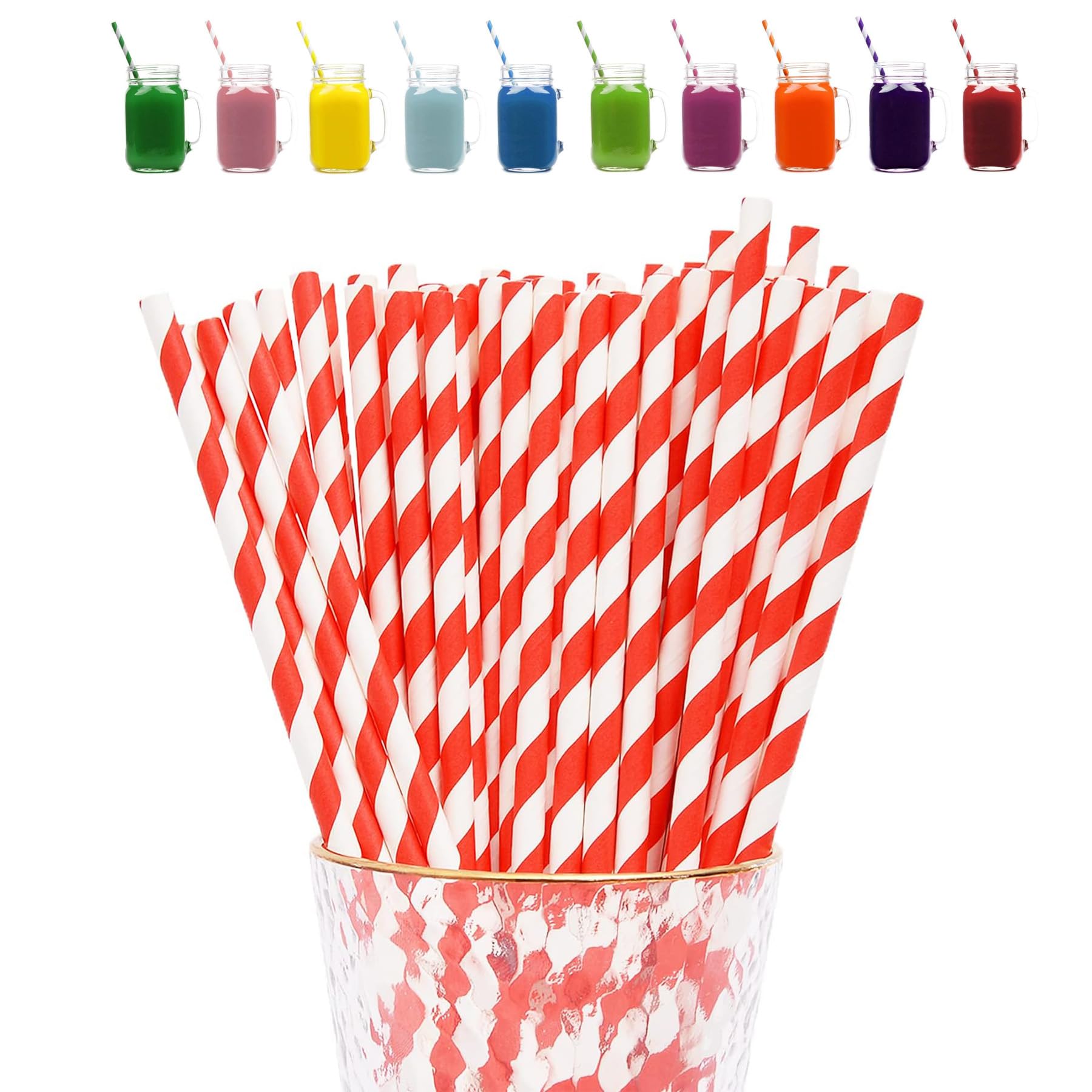 Red Stripes Paper Straws - Biodegradable & Recyclable 100Pack Assorted Color Stipes for Xmas & Party Decor