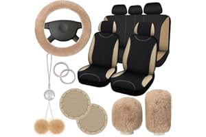 Fulmoon 17 Pcs Car Seat Cover Full Set for Women Fluffy Fuzzy Car Accessories Christmas Front Rear Steering Wheel Fleece Handbrake Shift Covers Hanging Accessory Holder Ring Emblem(Beige Black)