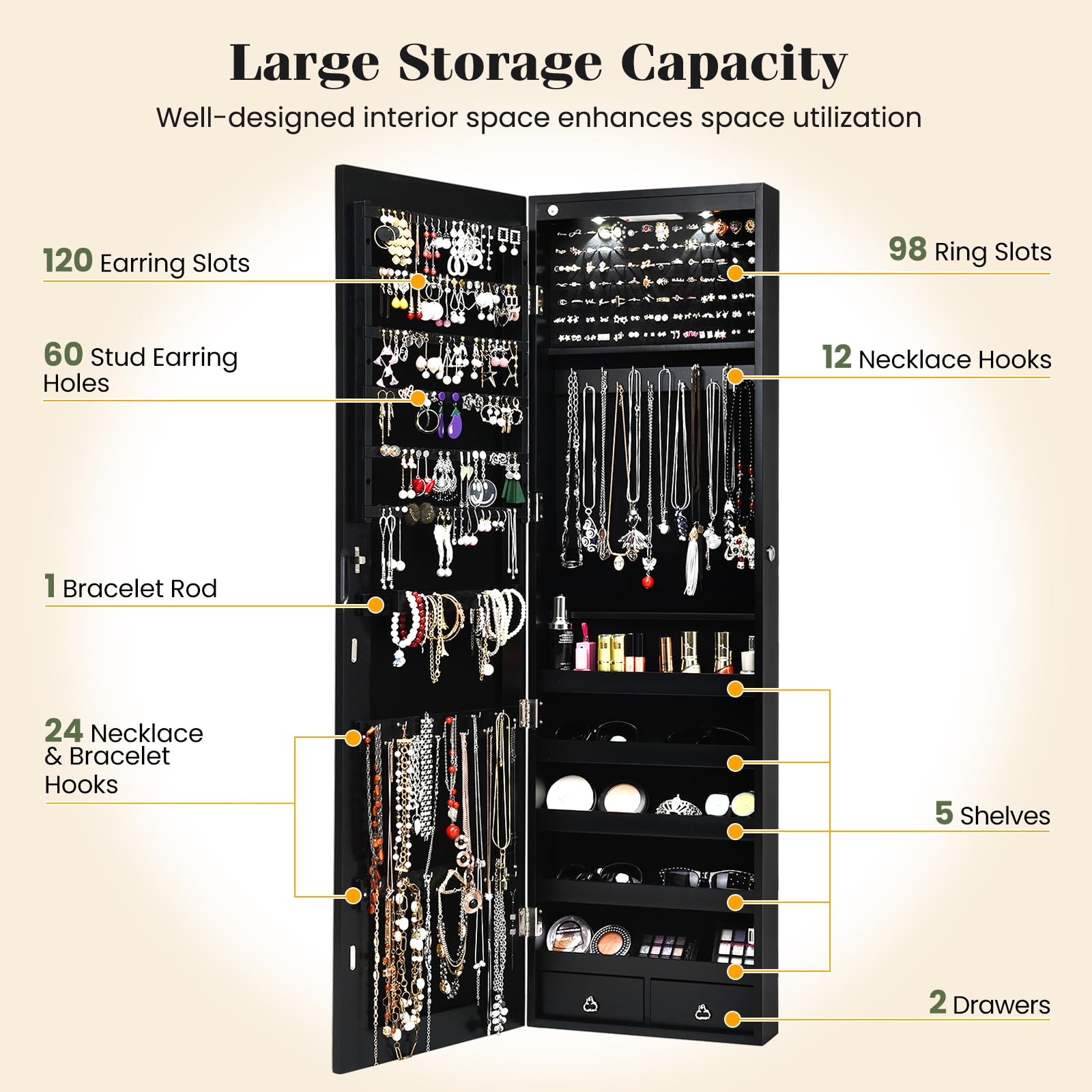 Giantex Wall Door Mounted Jewelry Armoire Cabinet with 47.5