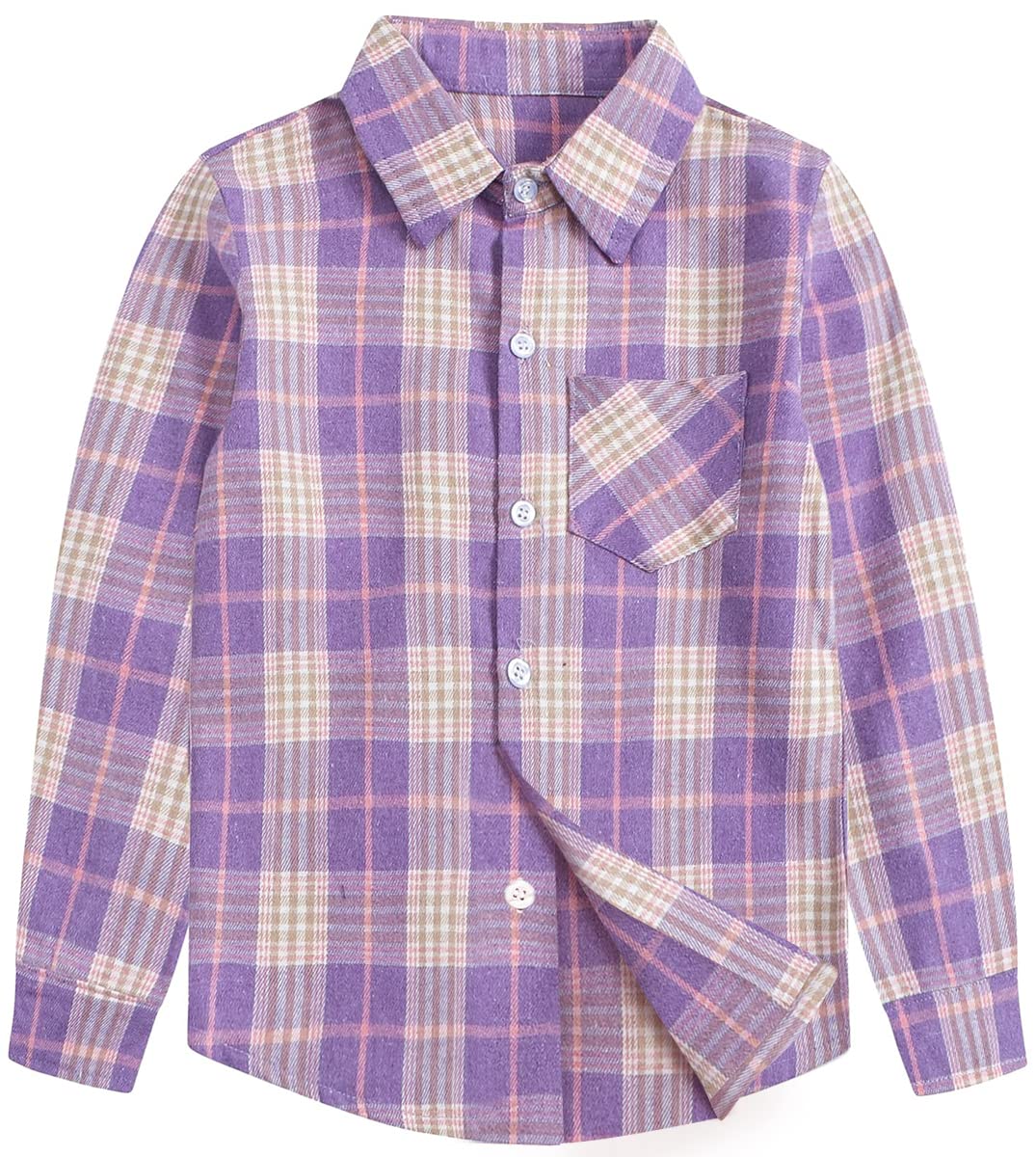 Photo 1 of ***WEIRD ODOR*** Betusline Girls' Plaid Flannel Shirt, Kids Long Sleeve Button Button Shirts Tops, F Purple #2, 8-9 Years= Tag 150
