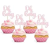 Gyufise 36Pcs Oh Baby Cupcake Toppers Glitter Baby Shower Cupcake Picks for Gender Reveal Baby Shower Kids Boys Girls Birthday Party Cake Decorations Supplies Light Pink