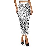 JASGOOD Sequin Skirt for Women Elastic High Waist Midi Skirt Side Slit Stretchy Sparkle Skirts for Night Out Cocktail Parties