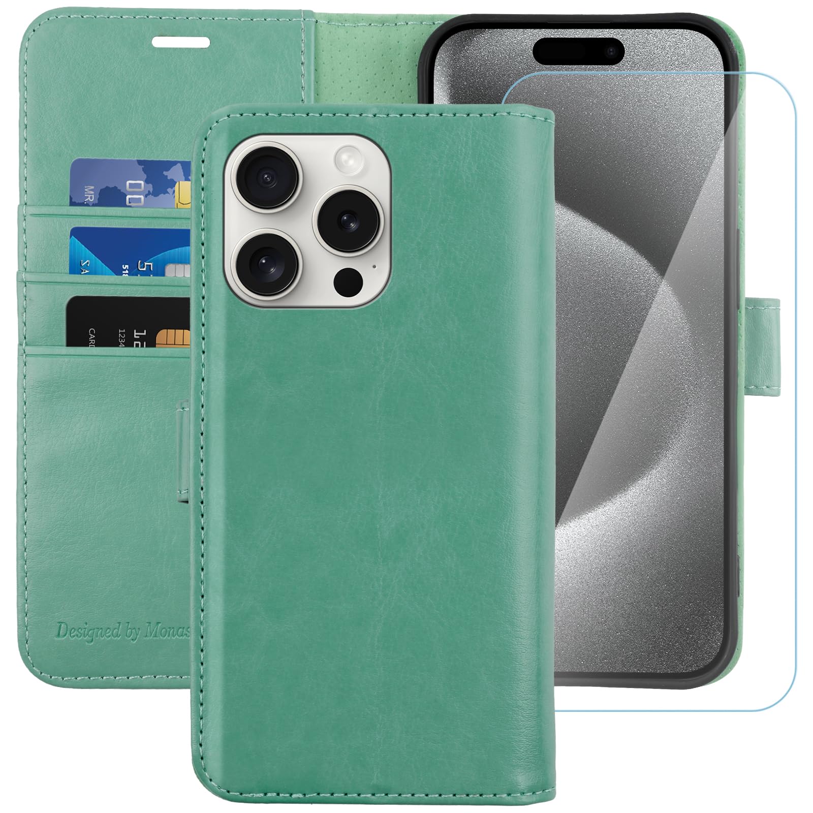 MONASAY for iPhone 15 Pro 5G Wallet Case, [Glass Screen Protector Included] [RFID Blocking] Flip Folio Leather Cell Phone Cover with Credit Card Holder, 6.1-inch, Mint