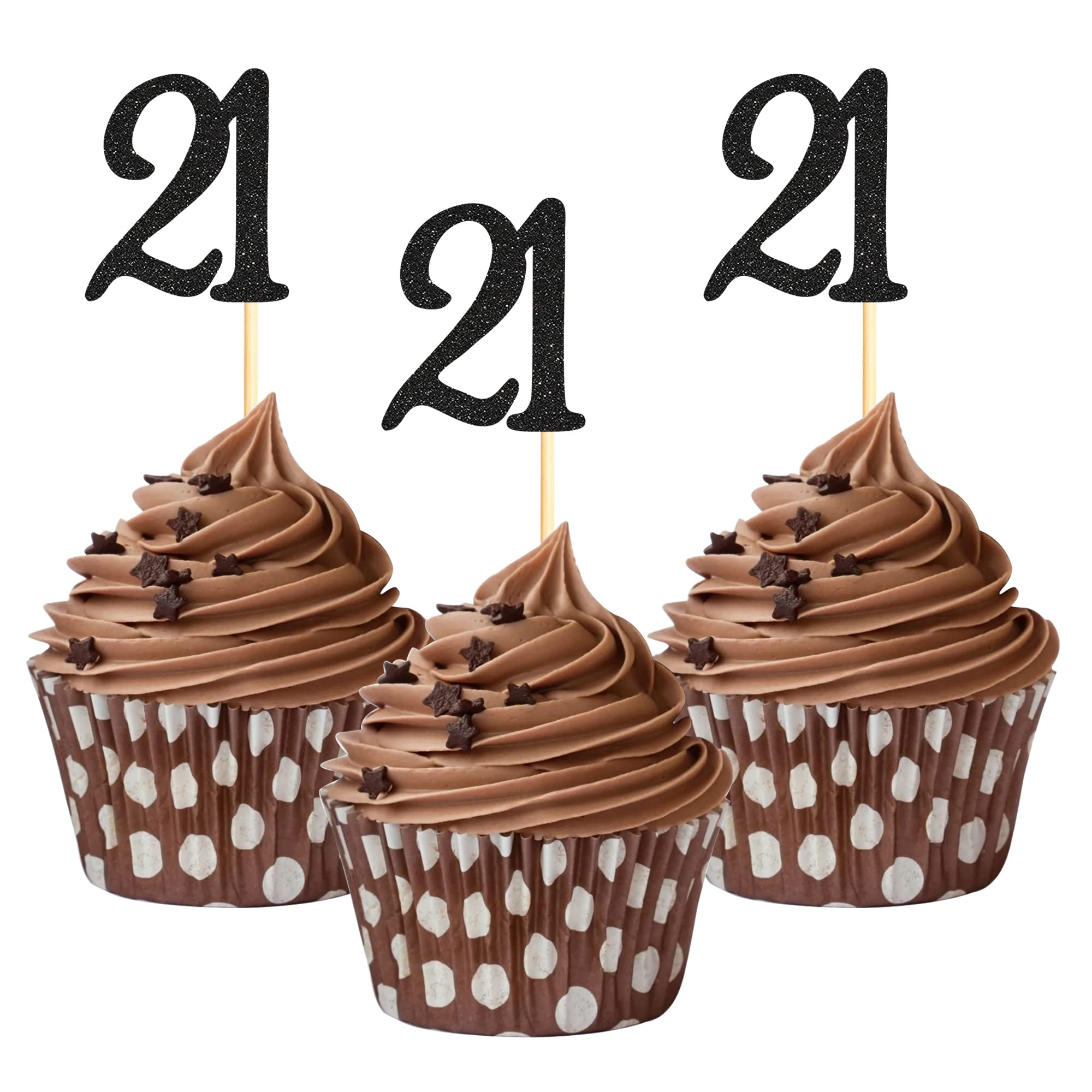 Sumerk 24PCS 21 Cupcake toppers Black Glitter 21th Birthday Cupcake Picks Anniversary Party Decorations