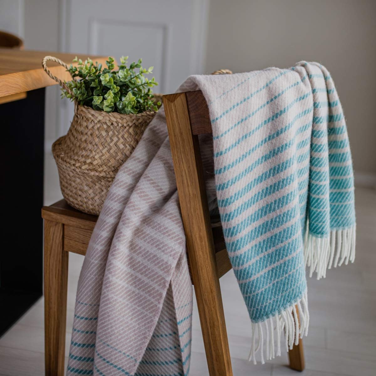 Linen & Cotton Soft Warm Throw Blanket Boho - 100% New Zealand Wool, Turquoise Blue Beige Cream (130 x 170cm) Colorful Striped Plaid for Couch Sofa Settee Living Room Bed Bedroom Travel Picnic Car