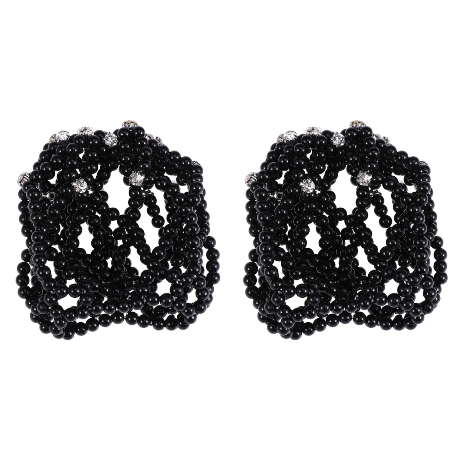 FRCOLOR 2pcs Elastic Hair Snood Net Handmade Crochet Pearl Hairnet for Dance Performance, Black, Bun Cover for Dancers and Skaters