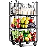Metal Storage Carts with Wheels, 3 Tier Rolling Cart Organizer, Stackable Pantry Storage Cart, Fruit and Vegetable Storage Basket, Metal Wire Storage Baskets for Kitchen Vegetable Storages Rack