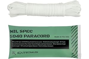 Extremus True Mil Spec 5040 Paracord, Made in The USA, Military Grade 550 lbs Breaking Strength, 7 Twisted Nylon Strands Plus Tracer Strand, UV Resistant, Color Fast, White, 100 feet