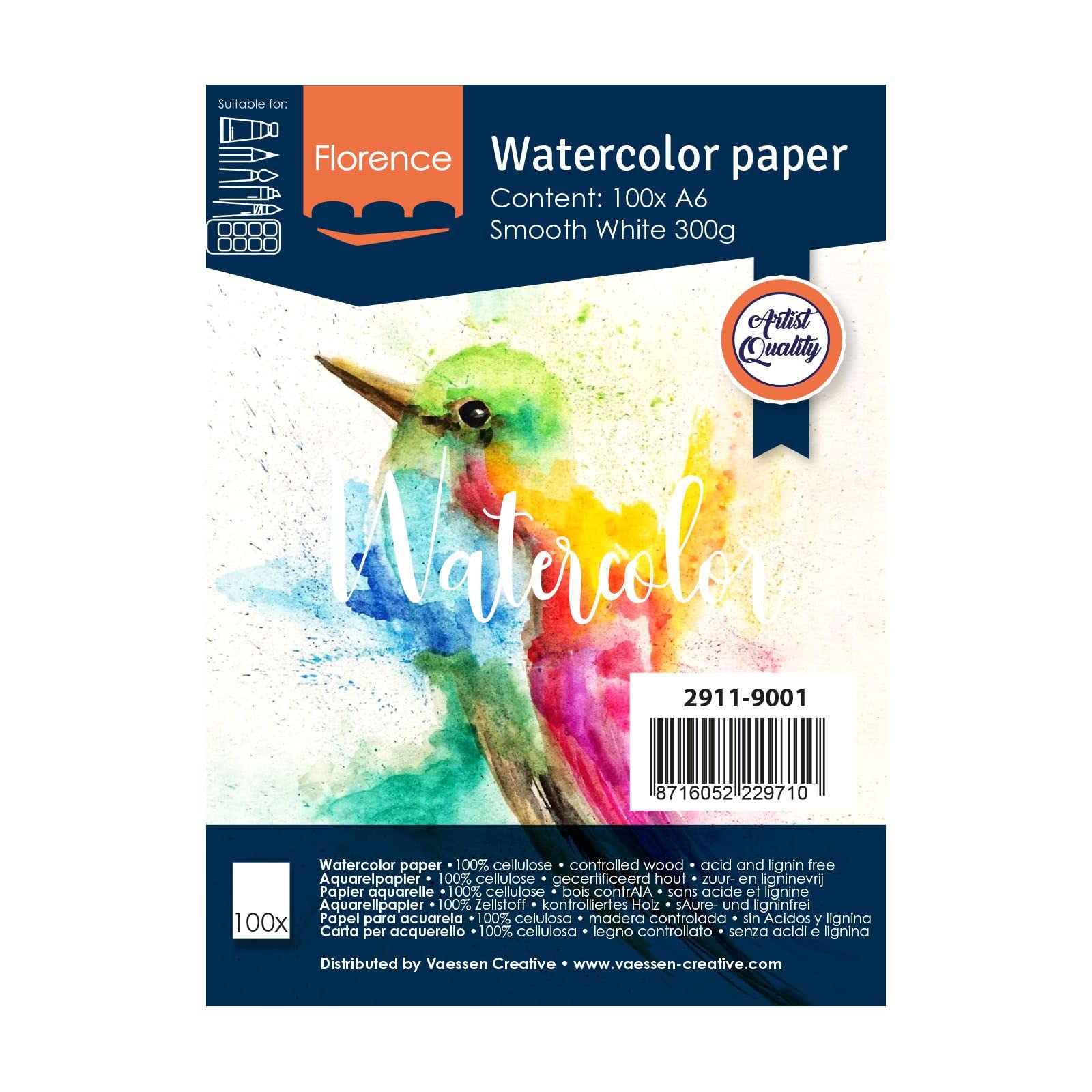 Vaessen Creative Florence Aquarellpapier A6 in Weiß, aus 300 g/m² Glatte Papier, 100 Blatt für Aquarellmalerei, Handlettering und Brush Lettering