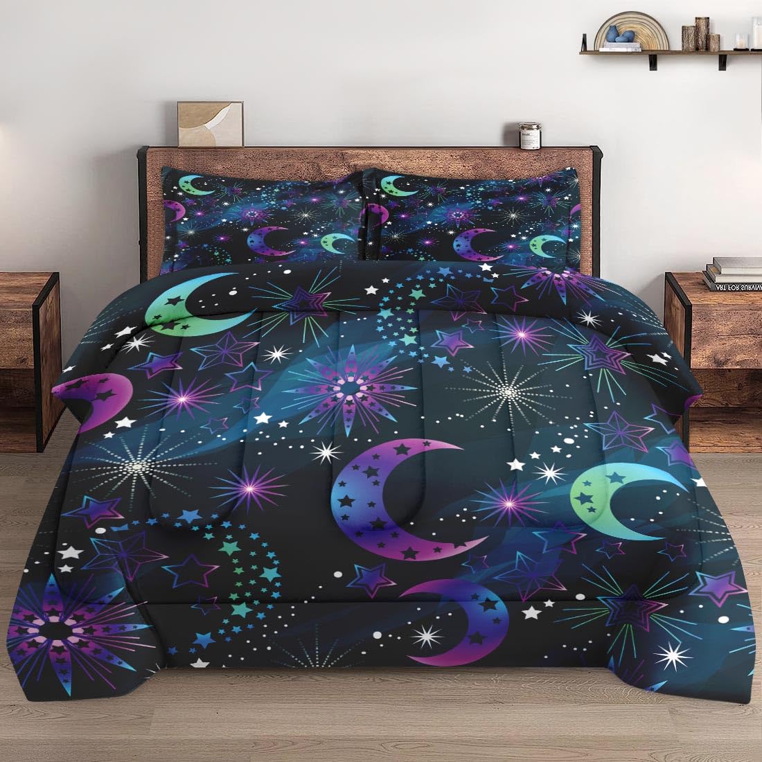 WeCozy Queen Size Comforter Set with 2 Pillowcases, Moon Neon Galaxy Kids Rainbow Soft 3 Pcs Bedding for Kids and Adults Bedroom Bed Decor Image