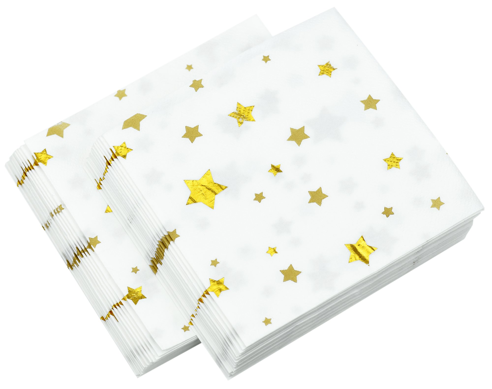 FiveSeasonStuff 40pcs Disposable Paper Napkin for Birthday Parties, BBQ, Receptions, Meetings, Weddings, Celebrations, and Events (White | Gold Five-Point Stars)