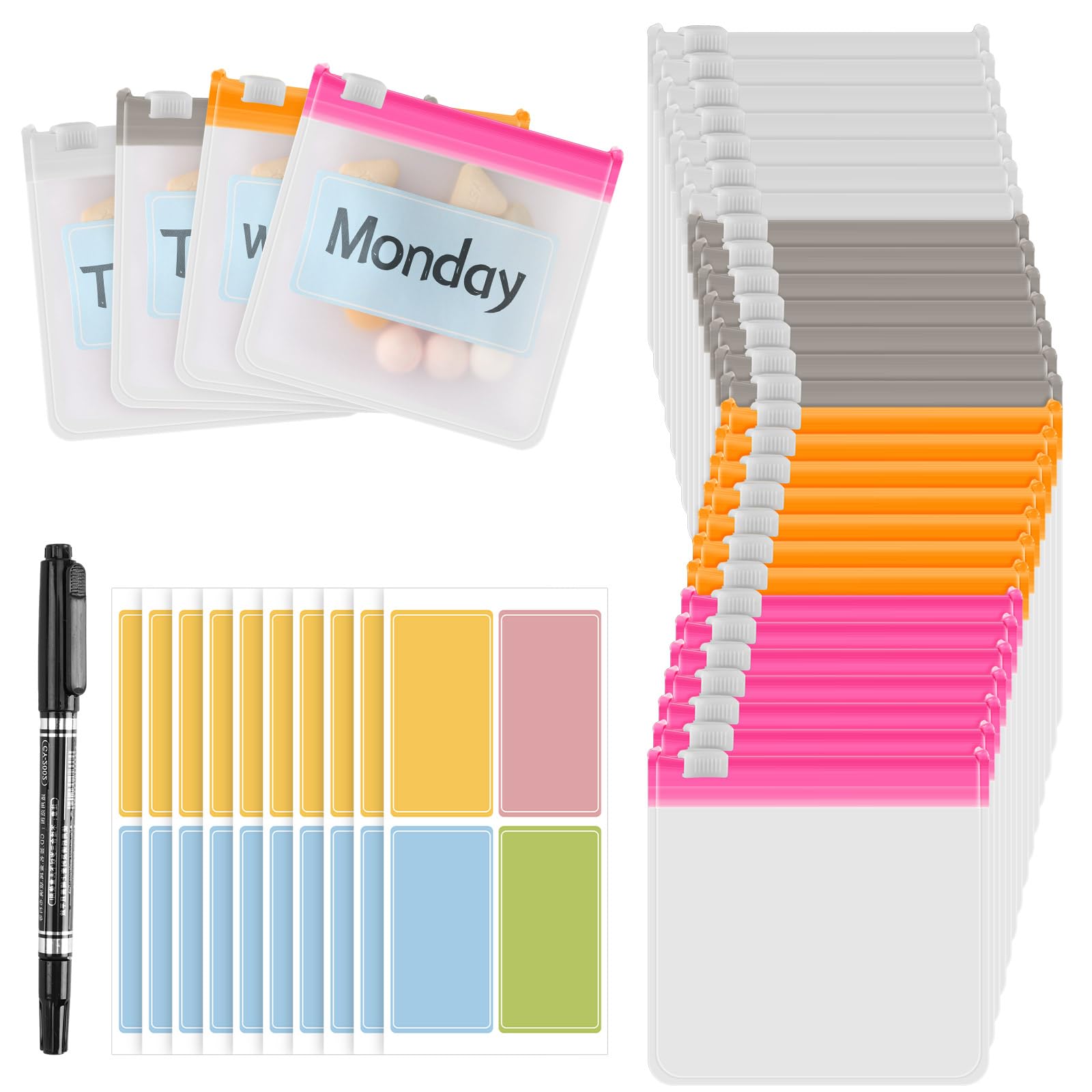 Photo 1 of MARFOREVER 39 Pcs Pill Pouch Bags - Pill Pouches Small Medicine Bags Travel Pill Organizer Reusable Translucent Self Sealing 28 Pcs Plastic Pill with Slide Lock 10 Sheets Labels and 1 Pc Marker