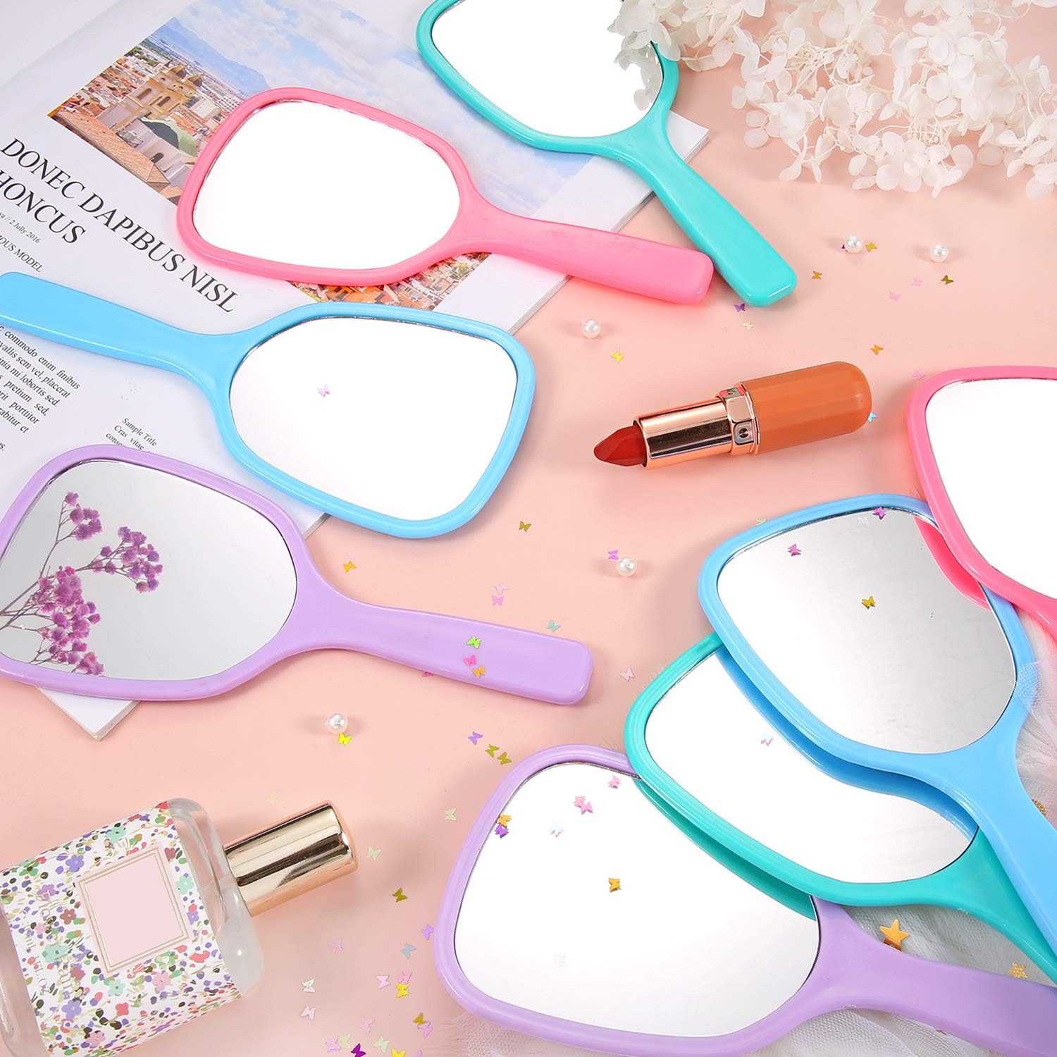 8 Pieces Handheld Hand Mirror Bulk Compact Travel Makeup Mirror Handheld Cosmetic Mirror with Handle, Portable Vanity Mirror, 3.15 Inch Wide, 7.09 Inch Long (Blue, Green, Pink, Purple): Beauty