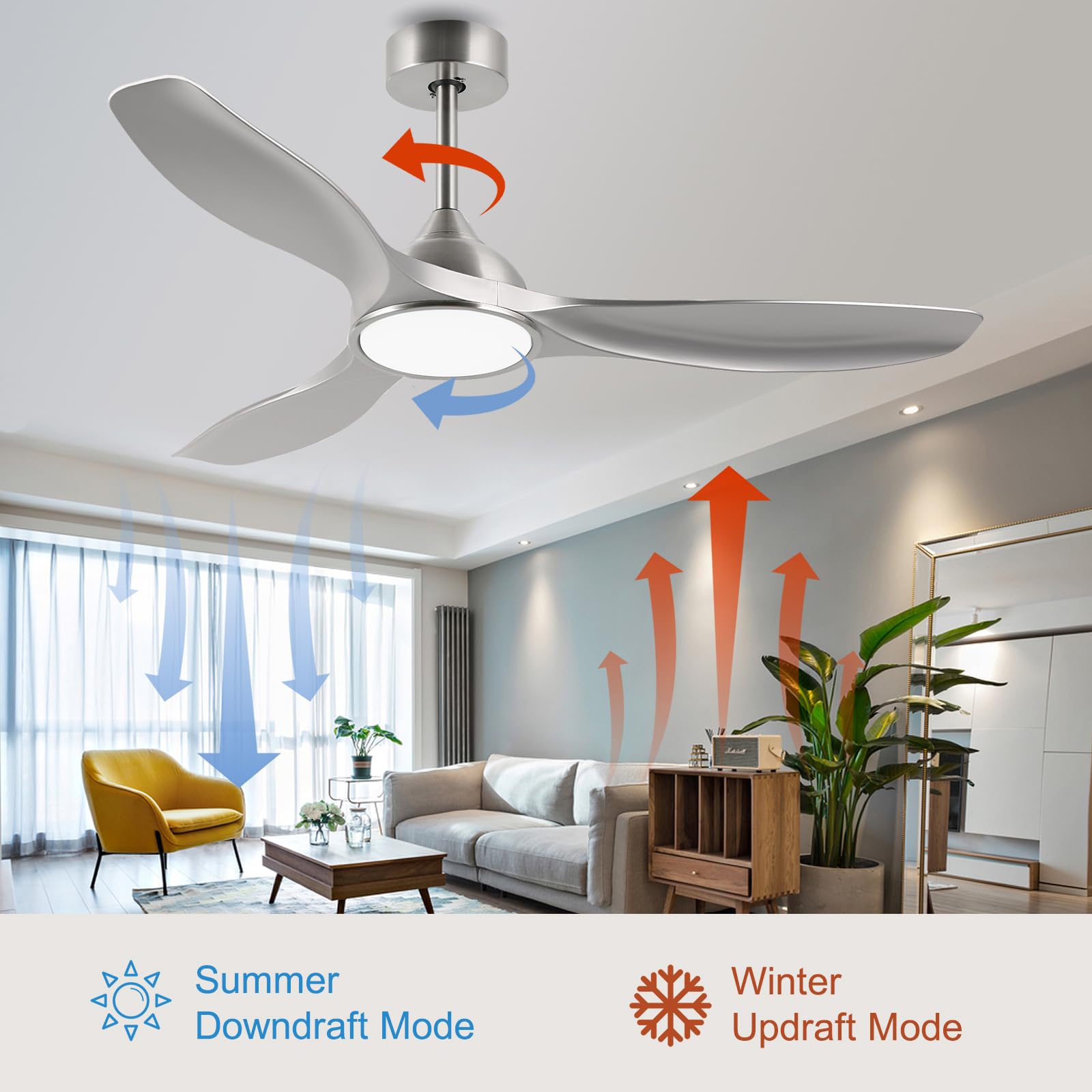 52 Inch Quiet DC Motor 6 Speed High CFM Modern Ceiling Fan with Lights Remote Control, 3 Blade Indoor Silver Ceiling Fan for Bedroom, Office, Living Room
