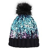 Homiton Women Sequin Knitted Beanie Hat with Faux Fur Pom-Pom Shiny Bling Skull Cap