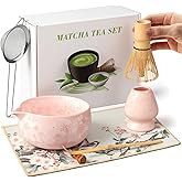 Matcha Whisk Set 7 PCs Ceramic Japanese Matcha Bowl Kit Includes Matcha Bowl, Matcha Whisk and Holder, Bamboo Scoop, Scoop Rest, Sifter, Tea Towel - Traditional Matcha Starter Set for Matcha Lovers