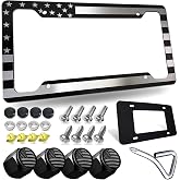 License Plate Frame American Flag, Black Patriotic Plate Frame | Aluminum Patriotic USA Flag Car Tag Cover, 4 Holes, Rust Resistant Screws Bolts, Black Caps, Tire Valve Stem Caps Included