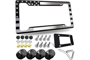FBJTDQ Tuersan American Flag License Plate Frame Patriotic USA Flag Car Tag Cover, Rust Rattle Proof Aluminum Holder with Mounting Hardware Kit,Rust Resistant Screws Bolts,Black Caps, Tire Valve Stem Caps