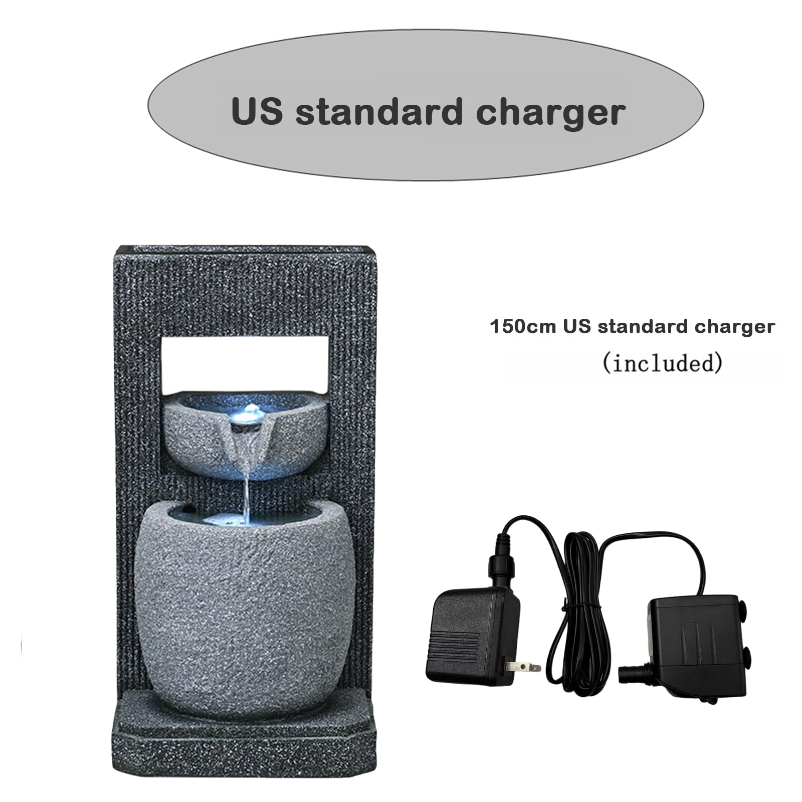 Qingyignge 27” H Modern Outdoor Fountain 2 Crocks Outdoor Garden Fountains LED Light for Garden, Patio, Deck, Porch, Backyard and Home Art Decor