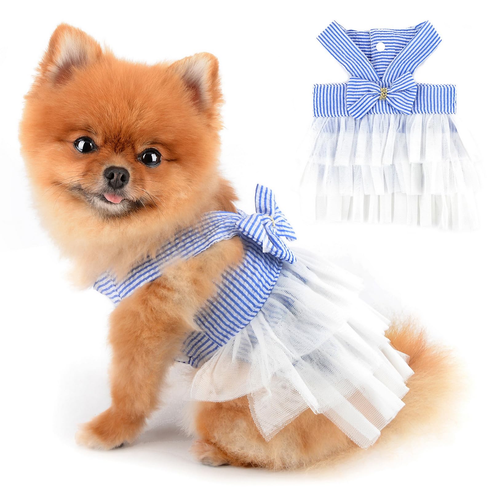 PAIDEFUL Small Dog Dress Striped Denim Organza Bow Beads Tutu Skirt Summer Soft Comfortable Breathable Puppy Clothes Sleeveless Button Kitten Apparel, White, M