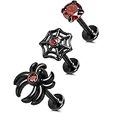 BodyBonita 16G Halloween Flat Back Earrings Cartilage Piercing Jewelry, 316 Surgical Steel Internally Threaded Stud Earrings for Women, Dangle Spider Web Heart Lobe Conch Helix Tragus Jewelry