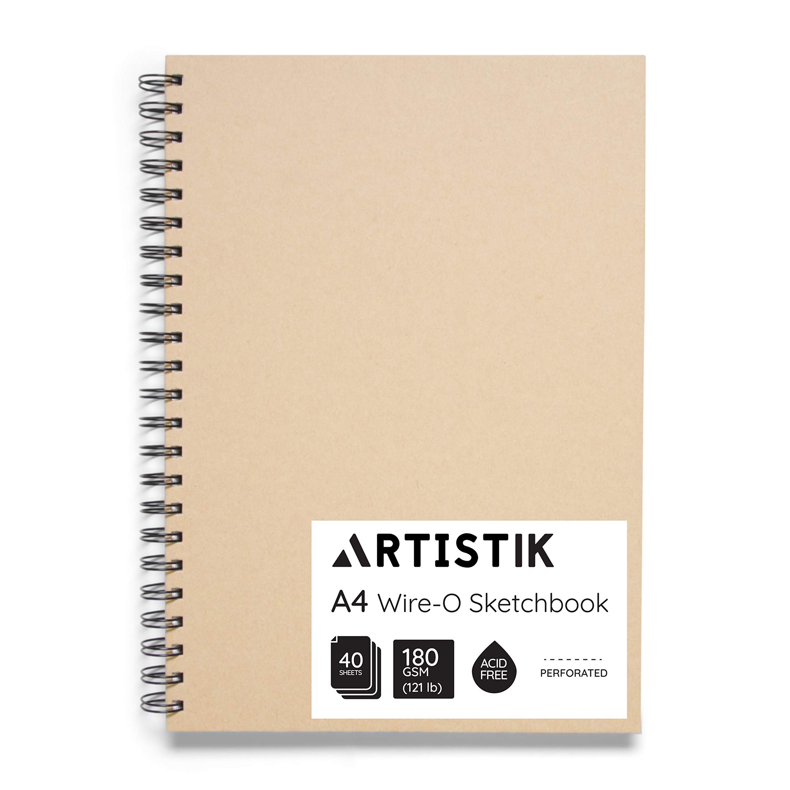 A4 Sketchbook - (Pack of 1, 80 Pages,40 Sheets) Wiro-O Portrait Drawing Pad for Heavy Mixed Media with Perforated 180gsm Acid-Free Cartridge Paper and Kraft Cover Sketch Book