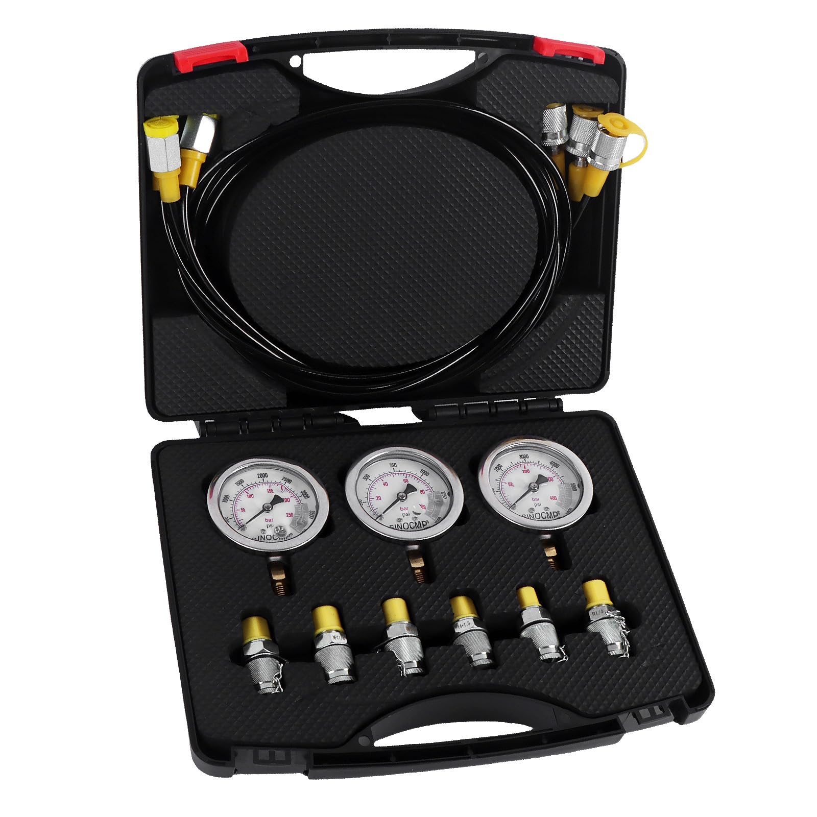 Hydraulic Pressure Test Kits - SINOCMP Hydraulic Gauge Set, 6 Couplings, 3 160cm Long Test Hoses and 3 Pressure Gauge 10/25/40 Mpa for Excavator Construction, 1.7KG, 2 Year Warranty