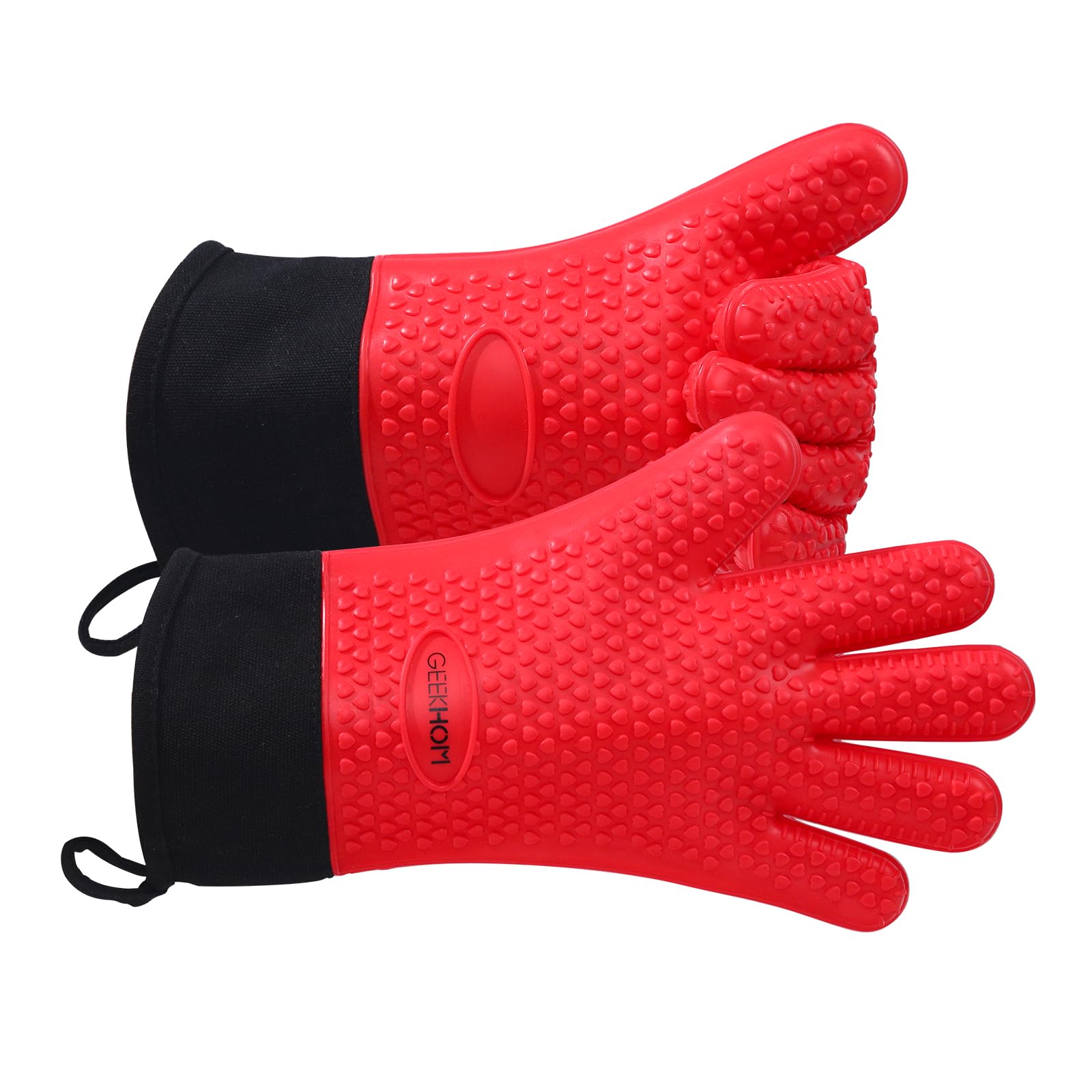 GEEKHOM Silicone Oven Gloves Heat Resistant Silicone Oven Mitts BBQ Gloves Waterproof Kitchen Gloves for Barbecue Grilling Weber Microwave, Non-Slip Oven Gloves with Fingers, Red
