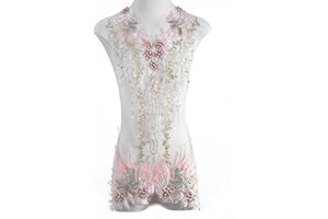 FixrWre Beaded Pearl Flower Fabric Lace Applique, Floral Embroidered Patches Handmade Sewing Tool for DIY Neckline Bodice Wedding Bridal Prom Dress(Pink-Large)