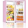 Seaoola Mini Fridge with Freezer, Single Door 3.1 Cu.Ft, Compact Mini Refrigerator, LED Light, Adjustable Thermostat, Removable Glass Shelves, Small Refrigerator for Dorm/Office/Bedroom(Pink)
