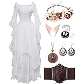ShinyMatch 7 Pcs Renaissance Medieval Costume Dress Women Victorian Elf Fairy Dress Viking Renfaire Costume for Halloween
