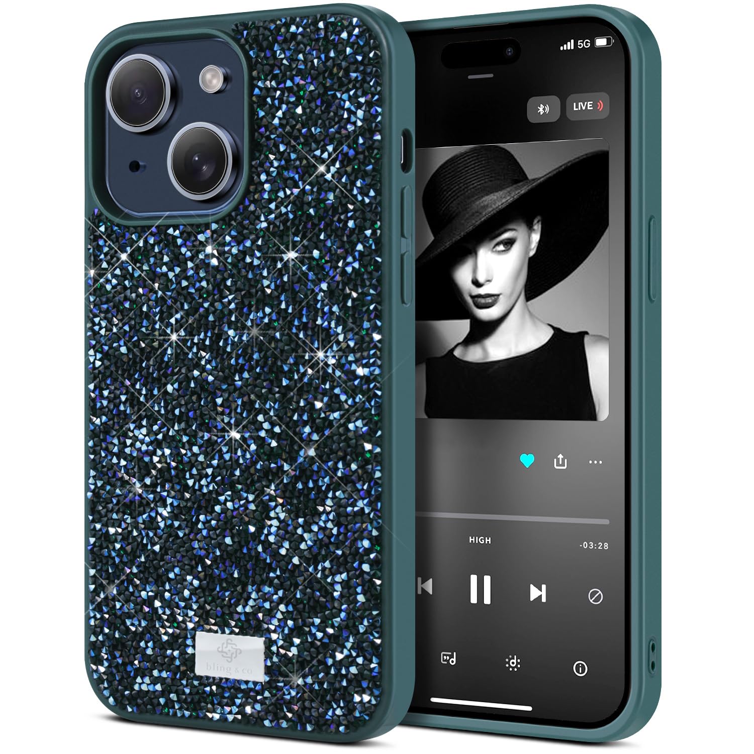 BEZ Case for iPhone 15 Case, with Bling & Co. Series, Sparkle Diamond Crystal Bling Case Cover Compatible with iPhone 15, Glitter, Pine Green