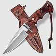Poshland Handmade Hunting Knife - 10" Bushcraft Fixed Blade EDC Knife with D2 Steel Blade, Walnut Wood Handle, Leather Sheath