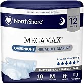 NorthShore MegaMax HBL Adult Diapers with Tabs, White, Medium, 10 Count | 12-Hour Incontinence Underwear for Men, Women &amp; Teens, Made in USA, Overnight Heavy Bladder Leaks, Fits Waists 32-44 inches