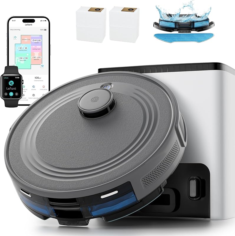 M2S Plus Aspirateur Robot avec Station, 10000 Pa d'Aspiration, Aspiration Automatique, Évite Obstacles, Auto-Charge Autonomie 240 Min, Poils d’Animaux, Tapis et Sols Durs, Alexa/App/WiFi, Gris
