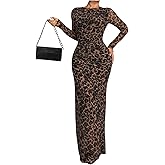 BEAUDRM Women's Y2k Leopard Print Mesh Sheer Bodycon Maxi Dresses Cheetah Long Sleeve Elegant Formal Wedding Guest Dress