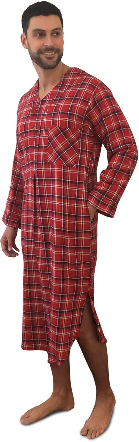 Andrew Scott Men's 2 Pack Lightweight Cotton Flannel Sleep Shirt, Long Henley Nightshirt Pajamas at  Men’s Clothing store