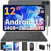 Relndoo 2026 12 Inch Tablet, 24GB（8+16） RAM+256 Storage(Expand to 2TB), Android 15 Tablet with Keyboard, Octa-Core, 2K 2000x1200 Display, 16MP Dual Camera, 8000mAh, 5G WiFi,GPS,Bluetooth 5.0（Black）