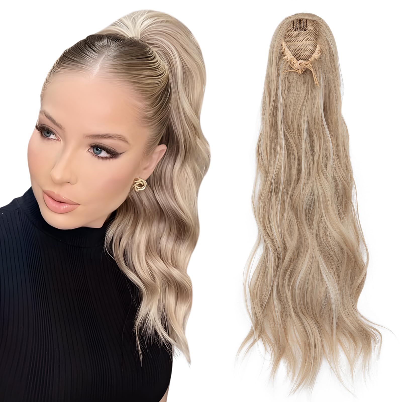 TESS Wavy Ponytail Extension, Drawstring Clip in Ponytail Hair Extensions, Long Hair Extensions, 26 Inches 120g, Ash Blonde With Highlights — image 1