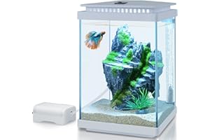 FEDOUR Small Glass Aquarium, 1 Gallon Desktop Fish Tank, Betta Fish Tank, Mini Aquarium Starter Kit with Air Pump LED Light Decoration Water Changer Fish Net (White)