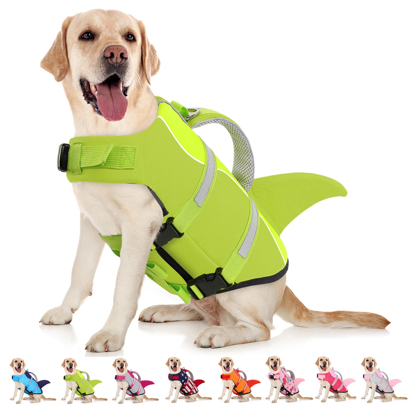 Photo 1 of AOFITEE Dog Life Jacket, Dog Life Vest for Swimming, Shark Dogs Swimming Vest with Rescue Handle and Reflective Stripe, Ripstop Pet Float Coat Swimsuit Lifesaver Small Medium Large Dogs Green M