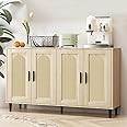 Buffet Cabinet - Sideboard Buffet Cabinet with Storage, Rattan Kitchen Buffet Cabinet with 4 Doors, Accent Cabinet Rattan Sideboard for Dining Room, Kitchen, Hallway, Cupboard Console Table (Natural)
