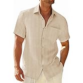 Runcati Mens Button Down Shirts Casual Short Sleeve Shirt Textured Linen Summer Beach Tops with Pocket