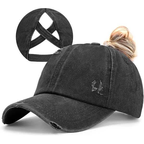 Funky Junque Criss Cross Ponytail Hat w/Buttons - Black at  display picture 2