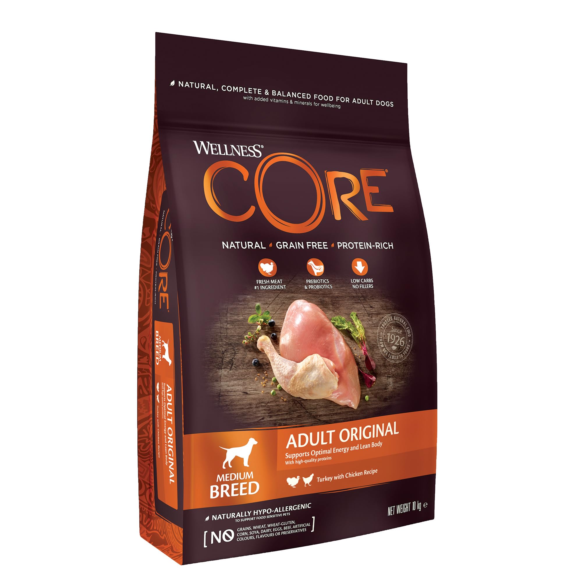 Wellness CORE Original 10 kg, Chicken & Turkey – Dry Dog Food for Medium Breeds, Grain-Free, Natural, Hypoallergenic, Protein-Rich, High Meat Content, Supports Optimal Energy & Lean Body