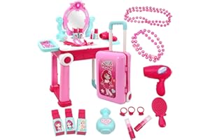 INCHOI 2 in 1 Pretend Play Kids Vanity Table and Chair Beauty Mirror and Accessories Play Set with Trolley Fashion & Makeup Accessories for Girls Travel Suitcase Fashion Beauty Set for Children Little Girls